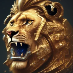 a lion face made with cyber punk elements wearing a medieval helmet, high detail, photo, kybernetic, 8k, ray-tracing