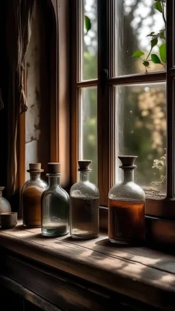 generate me an aesthetic image of perfume for Perfume Bottles in a Rustic Window Sill