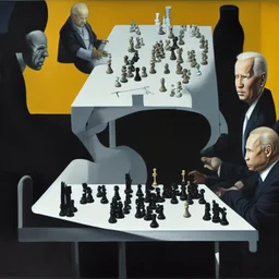 Complex Surgical Instruments,Putin,President Xi jinping,Joe Biden Play Chess with a Newborn Boy,absolute order,black background,surrealism,minimalism,Painting By Adrian Ghenie,Michelangelo,Rene Magritte,Lucian Freud,Salvador Dali,Pablo Picasso