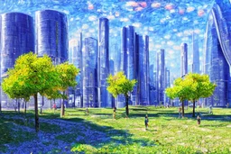 Sunny Day, futuristic buildings near the tree zone, sci-fi, realistic vision, impressionism painting