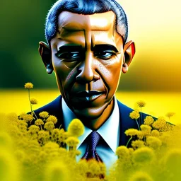 obama hyper realist, hyper detailed,laying down in gras with yellow flowers for hair, closed eyes, rtx, reflection, 8k, glow, winning photography, caustics