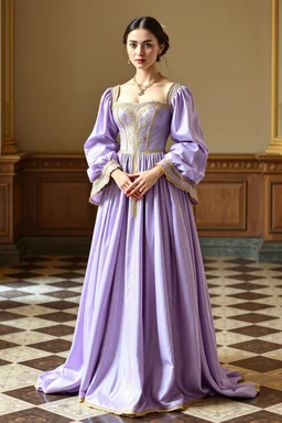 На ней было платье итальянского ренессанса сиреневого и легкого золотистого цвета. в полный рост