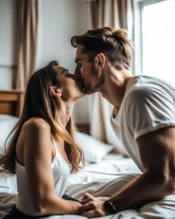 Couple in love kissing on the bedroom at home. Loving boyfriend and girlfriend sharing love together.