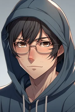 Anime man with glasses, wearing a hooded sweatshirt, slight smile, realistic