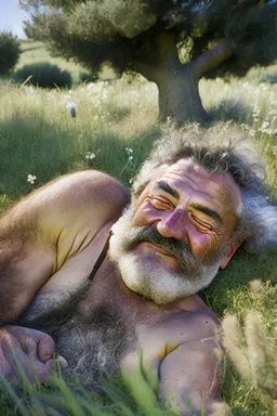 Portrait photography, 35mm lens lens, a happy smiling muscular Sardinian shepherd burly chubby man 58 years old, talking lying down in the meadow near a little tree, ugly and dirty, bullneck, manly chest, in tank top and overalls, wild white beard, ambient occlusion, strong sunshine, emotive eyes, misery and poverty, side view