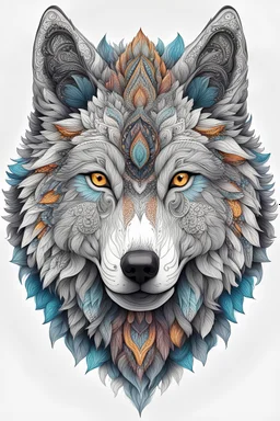 wolf face mandala, white bg , illustration style with color