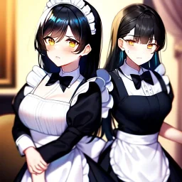 Clear focus, 8k, cat girl, high quality, detailed, black hair, golden eyes, beautiful lighting, vibrant colors, nervous, maid