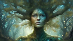 tree woman, digital painting, glitter, clear lines, detail, fine rendering, high resolution, 4K, photorealism, precise focus, double exposure, fantasy,