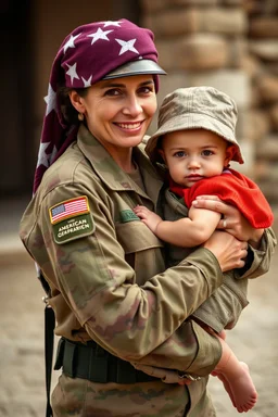 American Marin soldier women holding her child