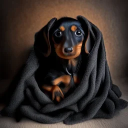 Disney style picture of a black and tan short hair dachshund puppy of 7 months. wrapped up in a blanket