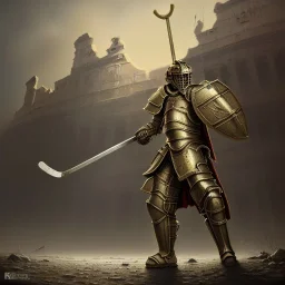 a Midieval knight in metallic gold battle armor, attacking and holding a hockey stick, a highly detailed illustration, inside the Roman coliseum, realistic render, in style of tomasz alen kopera,