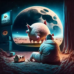 album cover realistic gamer pig watching movie about mushrooms cinema in the background huge moon