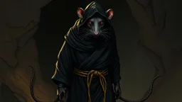 the rat man, ou’re looking at someone who doesn’t just walk into shadows—they belong to them. The black robes cling like a second skin, the belt tied tight with gold thread that catches the light only when he moves. His face is wrapped, but not hidden—his eyes glow like embers, red and steady, as if he’s already seen what waits inside the cave. The tail curls behind him, not in fear, but in readiness. He doesn’t need a torch, because the darkness answers him.