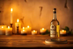 generate a background with candles with light effect and a small stage on the side for tequila bottle