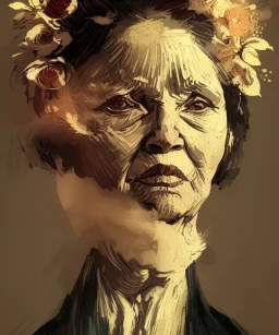 yaşlı bir kadının portresi, çiçekler, dramatik ışıklandırma, Van Gogh tarzı, Greg Rutkowski tarzı, Yoji Shinkawa tarzı, 4k, dijital sanat, konsept sanat, Artstation'da trendlere girmiş