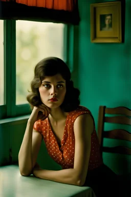 The text describes a young woman who is sitting alone and lost in thought. The fading daylight from a nearby window gives her face a nostalgic appearance, similar to a photograph by Diane Arbus. Her downcast eyes suggest that she is posing for a camera but hesitant to reveal her private worries. The surroundings are sparsely furnished and arranged in a surrealistic style reminiscent of Salvador Dali's works. The text highlights how emotion can be conveyed through the combination of Arbus' realis