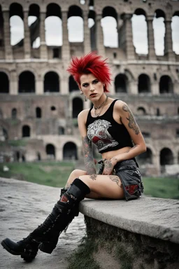 A portrait of an attractive young Italian punk girl. Photo taken in front of the Colosseum. Holey T-shirt, short red skirt, heavy boots, a few tattoos and piercings, colourful teased hair voivod style, sitting pose, 135 mm lens, classic Ilford film, highly detailed skin, with a cigarette