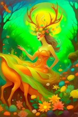 [laughing sexy faerie with a deer] As Fiona, I feel myself drifting soft through billowing blooms of visual aid and aural ether. My slender form shimmers in gossamer raiment woven from sunshine, moonglow, and forest spirit; petal-soft hooves leave nary a print upon the stars I seem to walk. Beside me strides my Deery in dignity, his noble visage crowned with antlered emerald and bronze. Around us the glade pulses with bioluminescent being; the night is alive with pulse and song. We wander throug