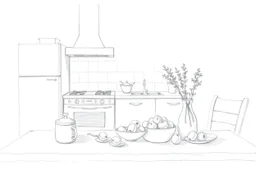 Minimalist outline of a kitchen still life in pencil in the style of the sketches of Van Gogh