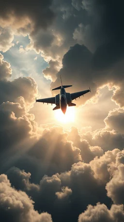 A huge jet airplane fighter flying above swirling clouds, emerges from the heart of a raging storm. Turbulent winds of steam swirl around the sun lit by shafts of sunlight that cast dramatic shadows on the A beautiful sun , High quality 16k cinematic scene and great photography