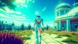 A slim woman in an open-faced space suit walking through an alien landscape towards a building, with strange alien buildings, strange surreal plants, photorealistic, Deep Colour, Intricate Detail, sunshine, blue sky