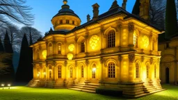 A pale yellow chateau with glowing orbs designed in Mayan architecture