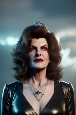 younger Rene Russo as evil queen in leather, cleavage, angry, stern look, unreal 5, octane render,cinema4d, dynamic lighting, dramatic lighting, 4k, redshift render, highly detailed, hyper realistic