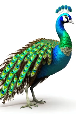 create a real colour animated peacock full body with white background