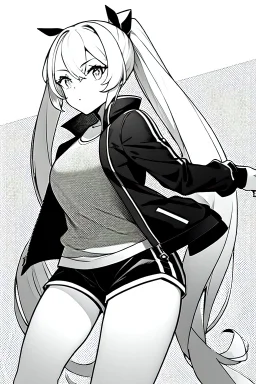 blonde girl with ponytails dressed in a jacket and shorts makes its way in the dark, greyscale