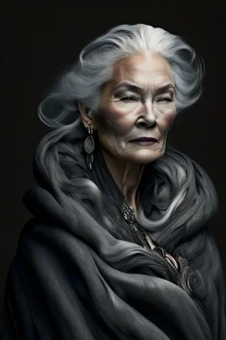 a photo of an Scandinavian woman with ethnic jewelry, grey hair and grey flowing robe, in style of Annie Leibovitz, contemporary portrait of a mature yet beautiful and modernist woman, black and grey, detailed feminine face, swirling fluid smokey enigma, award-winning artwork