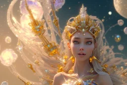 very beautiful crystal and gold goddess in a galactic ambiance, nice smiling, transparent petals, delicate colors, full of details, smooth, bright sunshine，soft light atmosphere, light effect，vaporwave colorful, concept art, smooth, extremely sharp detail, finely tuned detail, ultra high definition, 8 k, unreal engine 5, ultra sharp focus