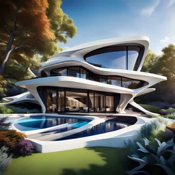Hermosa casa campestre moderna estilo Zaha Hadid, paisaje colorido, calidad ultra, hiperdetallado, increíble obra de arte, maximalista,12k