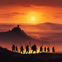 As the sun dipped below the horizon, casting its golden light across the land, a compact group of primal warriors stood silhouetted on the crest of a hill. Their figures were stark against the fiery sky, outlined by the fading glow of the setting sun. the group of primal warriors on the hilltop appeared to be guardians of a forgotten realm, keepers of ancient knowledge and wisdom.