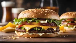 Photo of a burger with cheese from food photograph, food photography, photorealistic, ultra realistic, maximum detail, foreground focus, recipes.com, epicurious, instagram, 8k, volumetric light, cinematic, octane render, uplight, no blur, depth of field, dof, bokeh