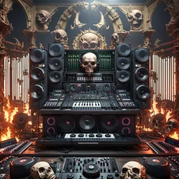 DJ of the damnded, insanely detailed DJ booth in hell, MID set, speakers and equipment made of bone, anatomically correct, add more skulls in th audience, photorealism, vray, 8k 3d https://stablecog.com/generate?o=a67b60e0-edd2-418d-9744-d1d585055d7fv https://stablecog.com/generate?o=93026b00-ac6b-436a-bc57-6aa04073d4a9