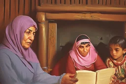 A close-up scene of an Arab mother reading the story from a book with her children around her in the room of the old wooden house near the fireplace 100 years ago.