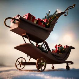 steampunk sleigh filled with christmas presents, 4k, highly detailed, cinematic, ultra photorealistic, ultra realistic, volumetric lighting