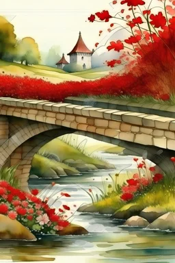 vista lateral de un puente sobre un arroyo, flores rojas en la orilla, fantasía medieval, alto nivel de detalles, dibujo en acuarelas