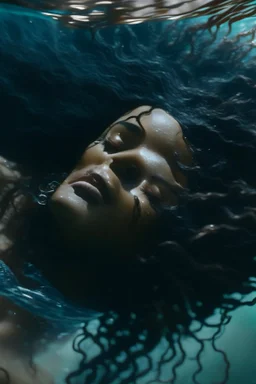 a beautiful woman, long curly black hair,closed eyes,coming from beneath the water,braking the surface with her face just coming out the water,looking up symbolism for breaking free. realistic,8k quality, action close shot from areal view,highly detailed , chaos 80