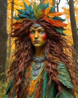 sculptural paper mache portrait of a druid girl , with highly detailed hair and facial features, in vibrant autumnal forest colors, illustrated in the comic book style of Jean-Giraud Moebius