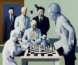 Putin, President Xi Of China And Joe Biden Play Chess With A Pigeon,Ufo,Complex Surgical Instruments,A Newborn Boy,Minimalism,Painting By Lucian Freud,Rene Magritte,Adrian Ghenie,Michelangelo,Salvador Dali,Pablo Picasso