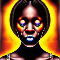 Portrait of a young black woman crying. Tears the colour of oil. Depression seeping out of her eyes nose and mouth like a oil spill