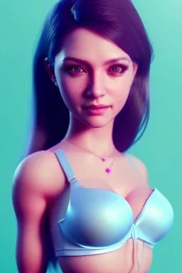 isometric clean art of super cute girl,big boobs,bra, soft lighting, soft pastel gradients, high definition, 3d icon clay render, blender 3d