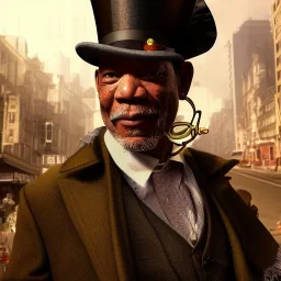 Morgan Freeman steam punk character in top hat with monocle very detailed cinematic unreal engine photo realistic