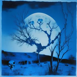 Ethereal Cyanotype Landscapes, macabre, moon with skull imprint, surreal, Scarfe,