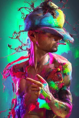 Dynamic ink art by alberto seveso of a full male body ,hat, handsome, wide shot, cyberpunk guns and knives, neon, vines, flying insect, front view, dripping colorful paint, tribalism, gothic, shamanism, cosmic fractals, dystopian, dendritic, artstation: award-winning: professional portrait: atmospheric: commanding: fantastical: clarity: 64k: ultra quality: striking: brilliance: stunning colors: amazing depth, cute colorful lighting (high definition)++, photography, cinematic, detailed character