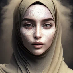 close up portrait of woman in hijab morphing into duststorm, blowing dust, hijab and face turning into dust, artwork manipulation, ray tracing, sharp focus, fine detail, highly intricate, modern surrealism painting, defined cracks and breaks, high-quality, volumetric lighting, 8k, ultrahd, George Grie, Marco Escobedo, Igor Morski,Brian Froud, Howard Lyon, Selina French,