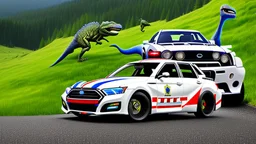 A police Tesla Cybertruck is chasing a Tesla 'Model S Plaid' at top speed, across the 'Jurassic Park' island. CINEMATIC. WIDE ANGLE LENS.