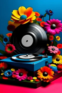 Vinyl player with flowers and psychedelic