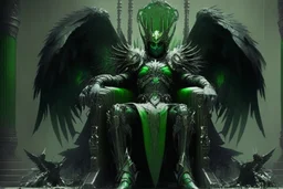 armadura de hombre negra y verde con alas de angel sentado en u trono enorme